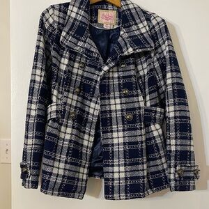 Pink Envelope tartan peacoat; medium; navy, pale pink, and white
